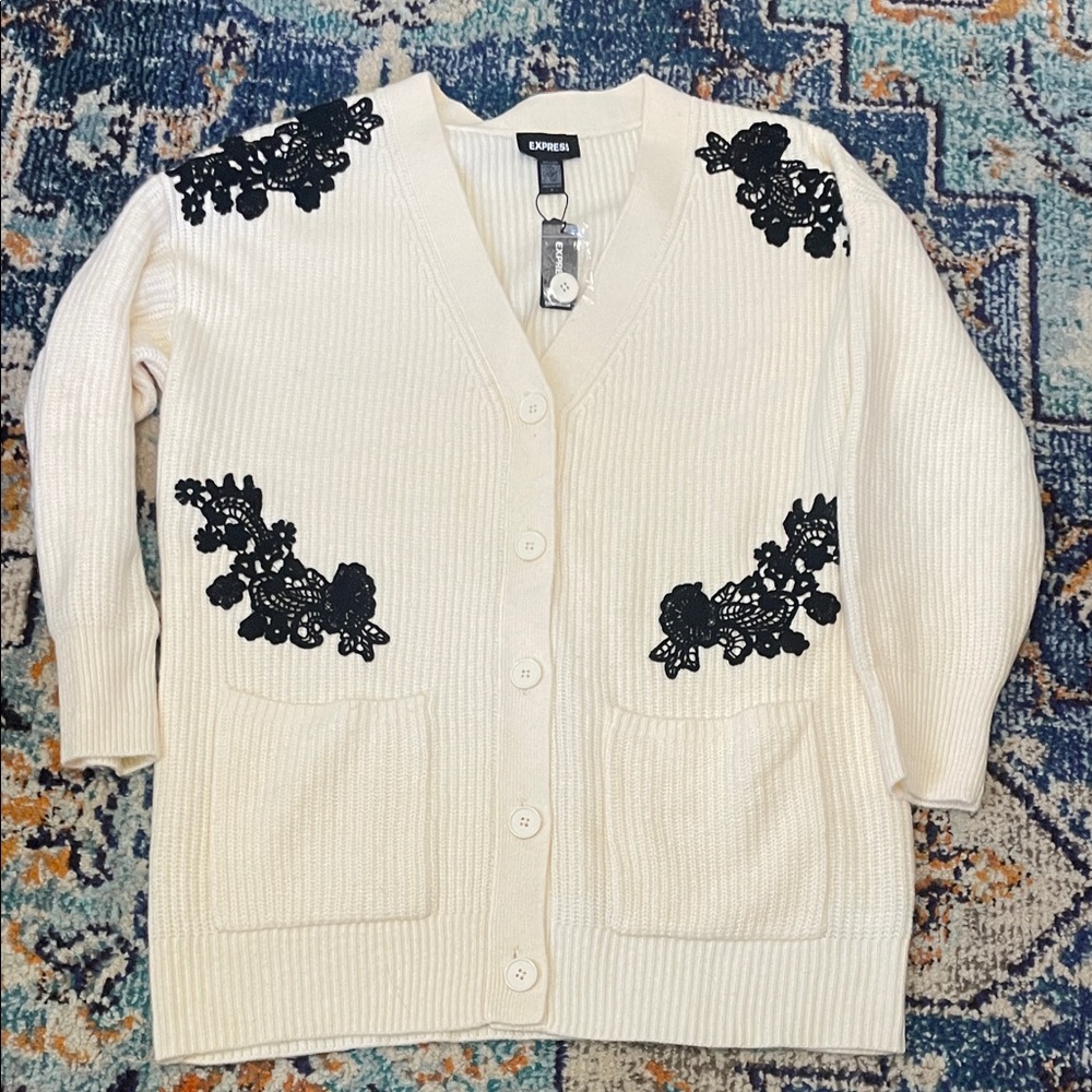 NWT Express Cream Cardigan with Black Lace Accents